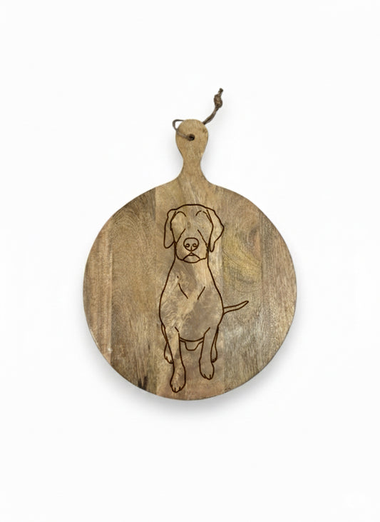 Mangohouten borrelplank middel – gegraveerd - gepersonaliseerd cadeau met persoonlijke lijntekening huisdier