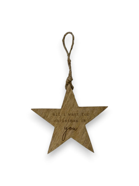 Mangohouten ster hanger – gegraveerd -uniek gepersonaliseerd cadeau en houten decoratie