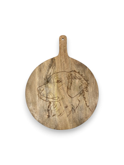 Mangohouten borrelplank groot – gegraveerd - gepersonaliseerd cadeau met lijntekening huisdier