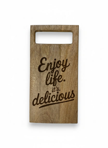 Mangohouten rechthoekige borrelplank met handgreep – gegraveerd-  gepersonaliseerd cadeau en borrelplank
