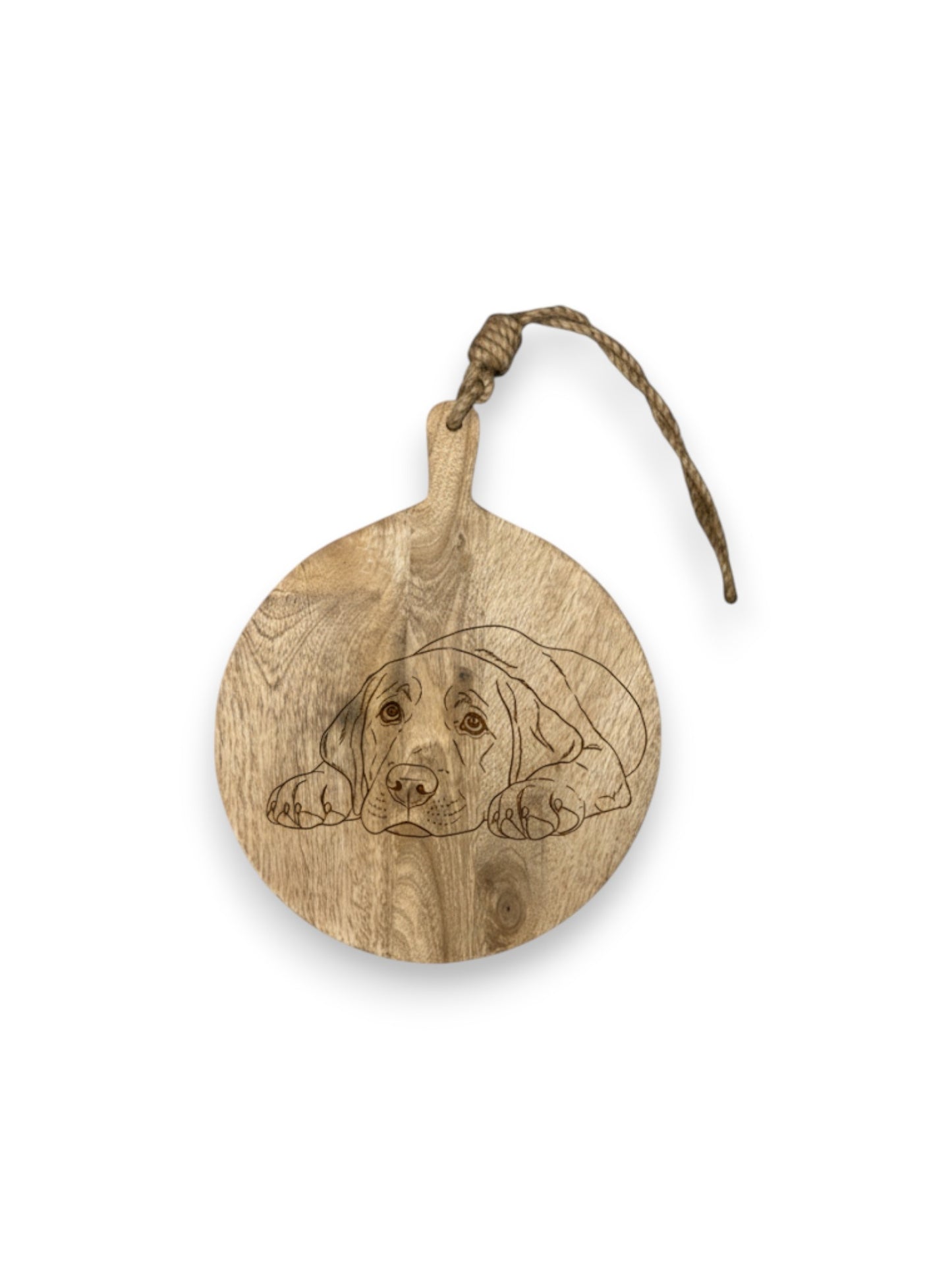 Mangohouten borrelplank klein – gegraveerd - gepersonaliseerd cadeau met persoonlijke lijntekening huisdier