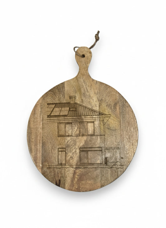 Mangohouten borrelplank middel – gegraveerd - gepersonaliseerd cadeau met persoonlijke lijntekening van een gebouw