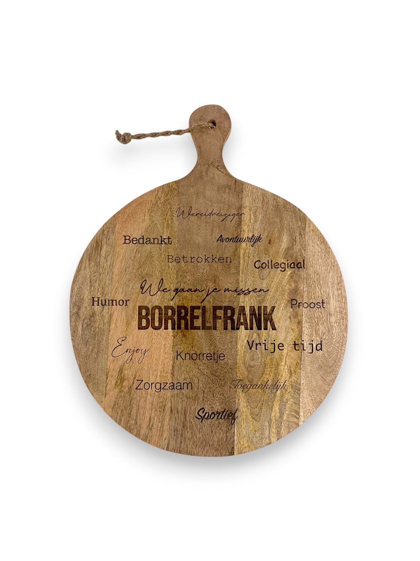 Mangohouten ronde borrelplank middel – gegraveerd - gepersonaliseerd cadeau en borrelplank