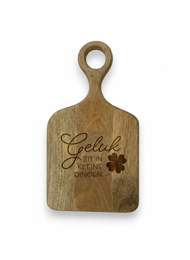 Mangohouten borrelplank middel – met gravering - gepersonaliseerd cadeau met rond handvat
