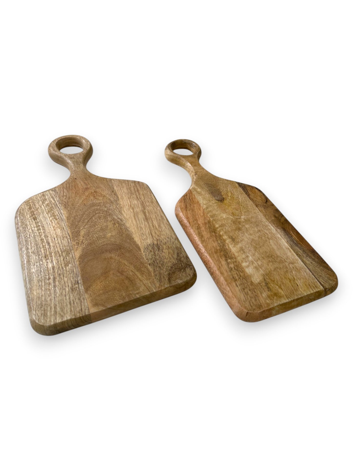 Mangohouten borrelplank middel en klein – gepersonaliseerd cadeau met rond handvat