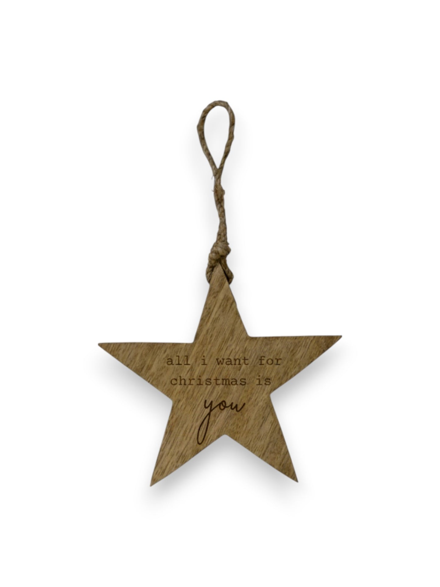 Mangohouten ster hanger – gegraveerd -uniek gepersonaliseerd cadeau en houten decoratie