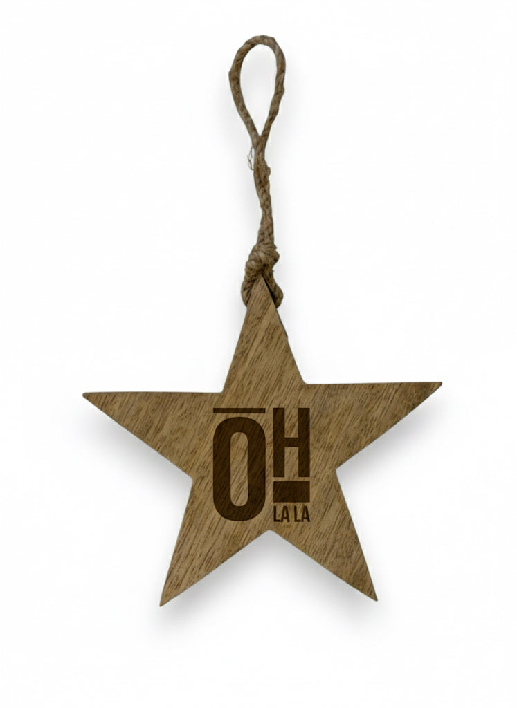 Mangohouten ster hanger – gegraveerd -uniek gepersonaliseerd cadeau en houten decoratie