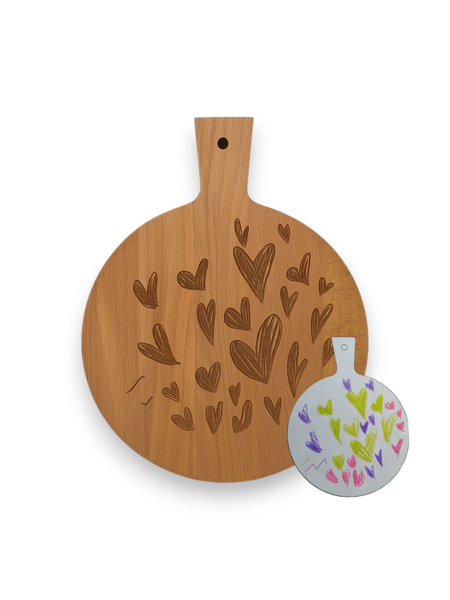 Beukenhouten ronde borrelplank klein – gegraveerd - gepersonaliseerd cadeau met eigen tekening, en kleurplaat