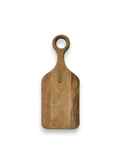 Mangohouten borrelplank klein – gepersonaliseerd cadeau met rond handvat