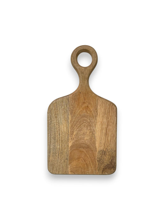Mangohouten borrelplank middel – gepersonaliseerd cadeau met rond handvat
