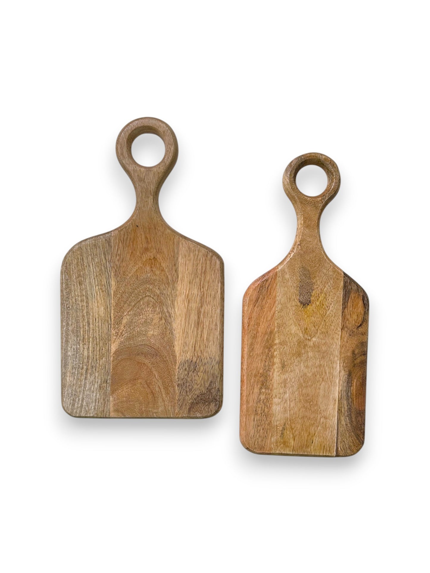 Mangohouten borrelplank middel en klein – gepersonaliseerd cadeau met rond handvat