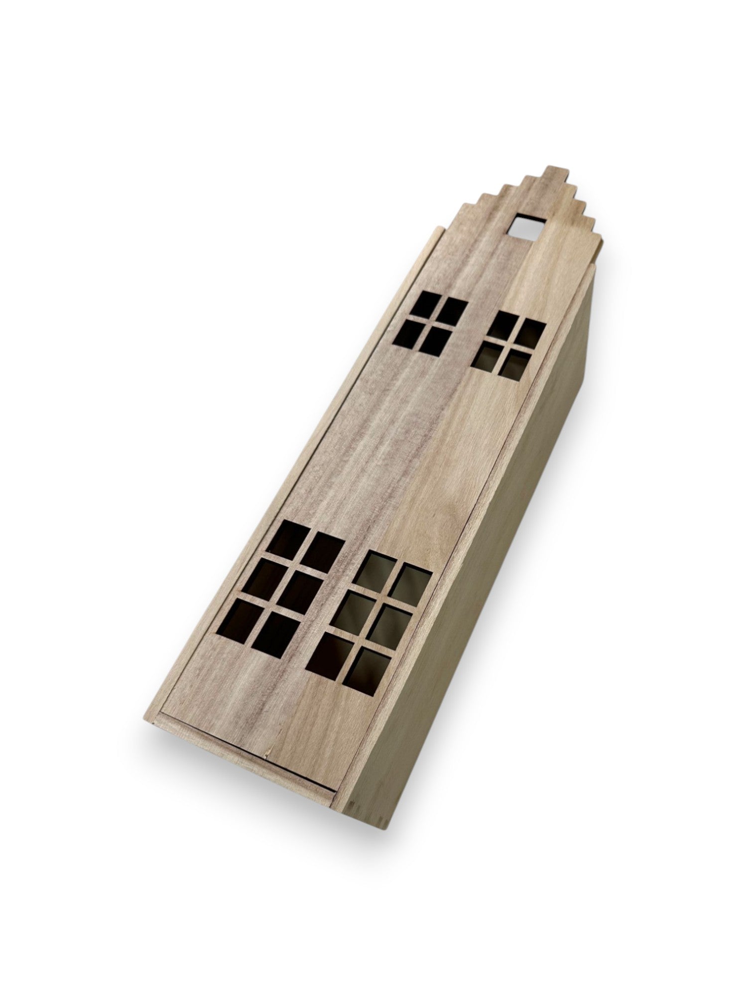 Vurenhouten wijnkist - grachtenpand – gepersonaliseerd wijncadeau en gravering